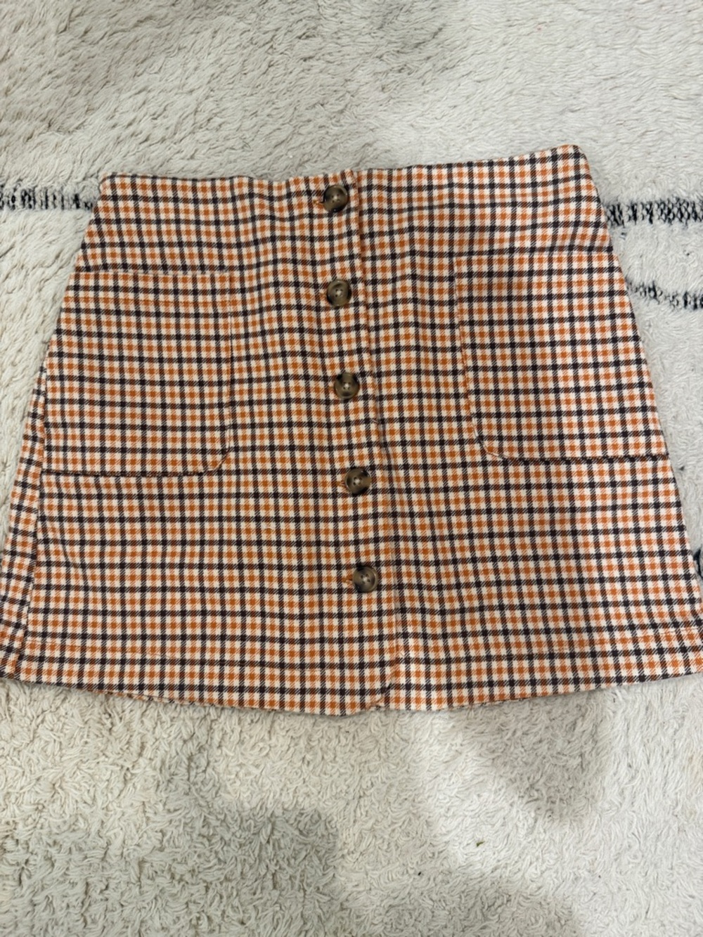Copper Key Orange Plaid Button-Front Mini Skirt